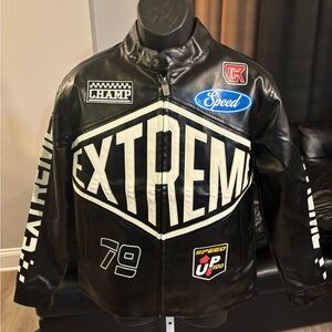 Men’s COPPER RIVET Black Multicolor Moto Racing PU Leather Jacket - Sizes Vary